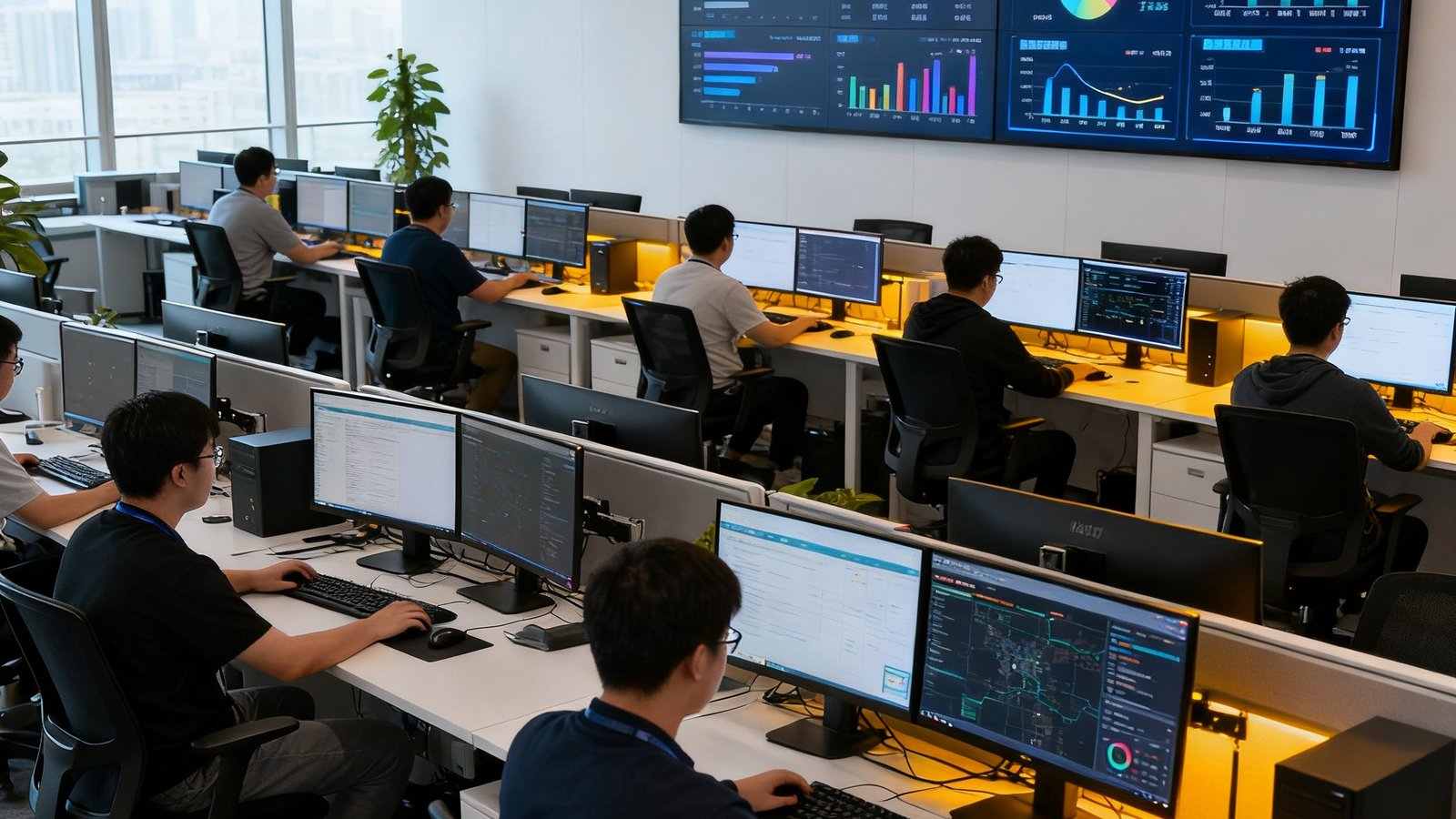 看个球北京研发中心开放式办公区，数十位工程师在双屏工作站前专注工作，墙面大屏实时显示全球赛事直播节点状态和用户在线数据