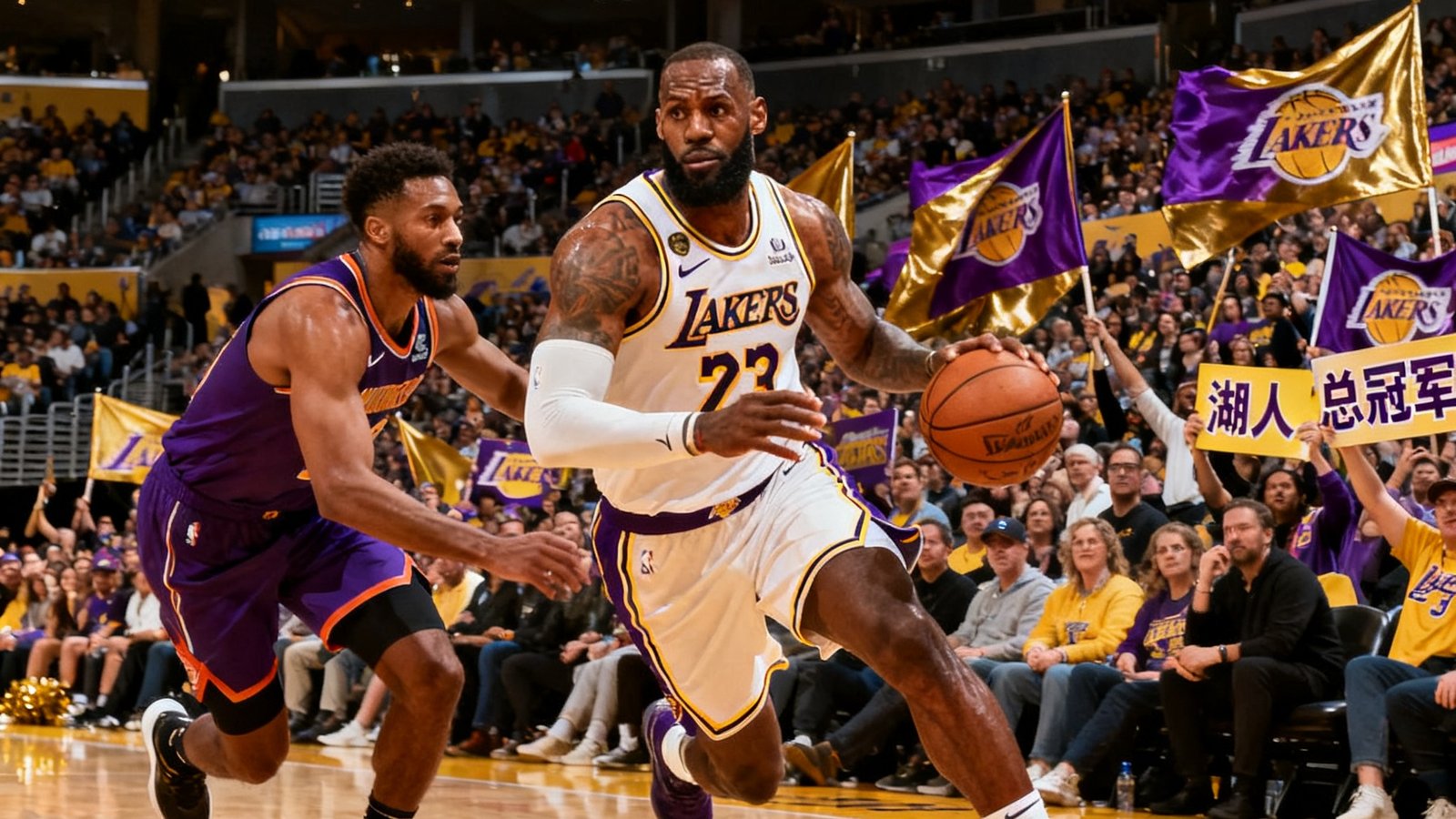 NBA常规赛洛杉矶湖人主场斯台普斯中心，勒布朗詹姆斯持球快速突破，身后防守球员紧追不舍，观众席爆满挥舞旗帜